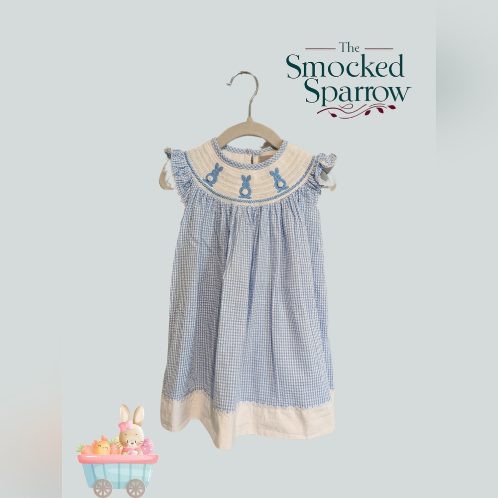 Blue Gingham Bunny Smocked Bishop Dress